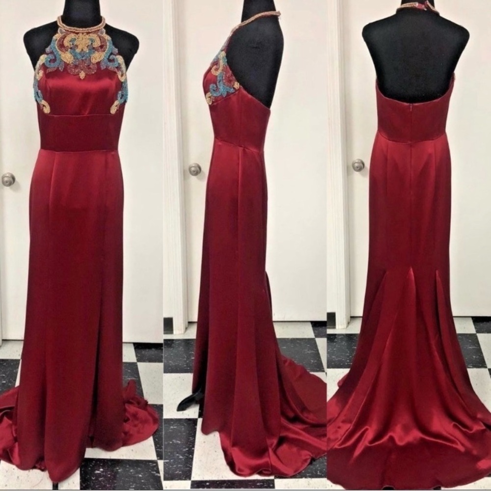 Burgundy Red Sherri Hill Rhinestone Satin Pageant Dress Size 6